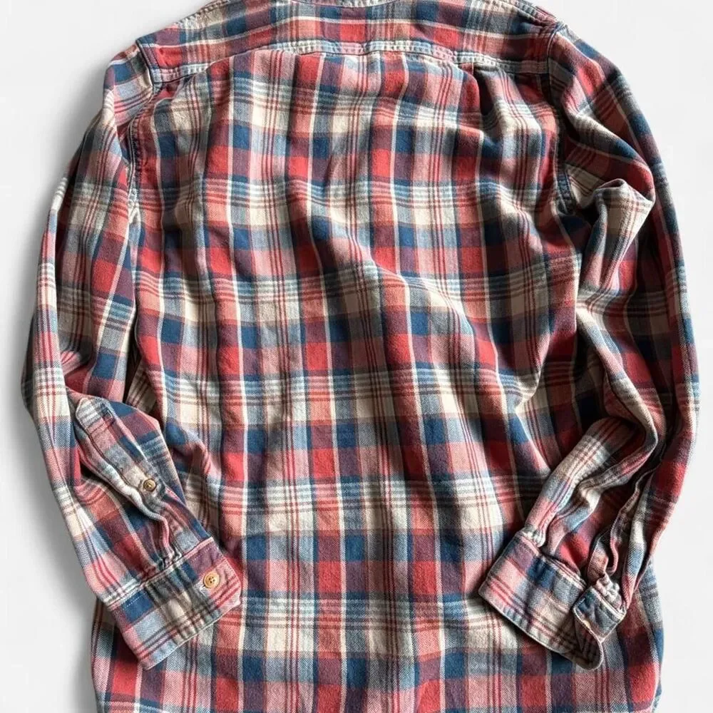 Vintage J.Crew Men's Red Cream Blue Pullover Plaid Button Up Collared Shirt